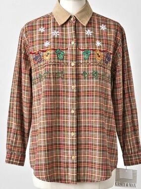 VTG 90s Casey and Max Christmas Embroidered Plaid Button Down Shirt Size M